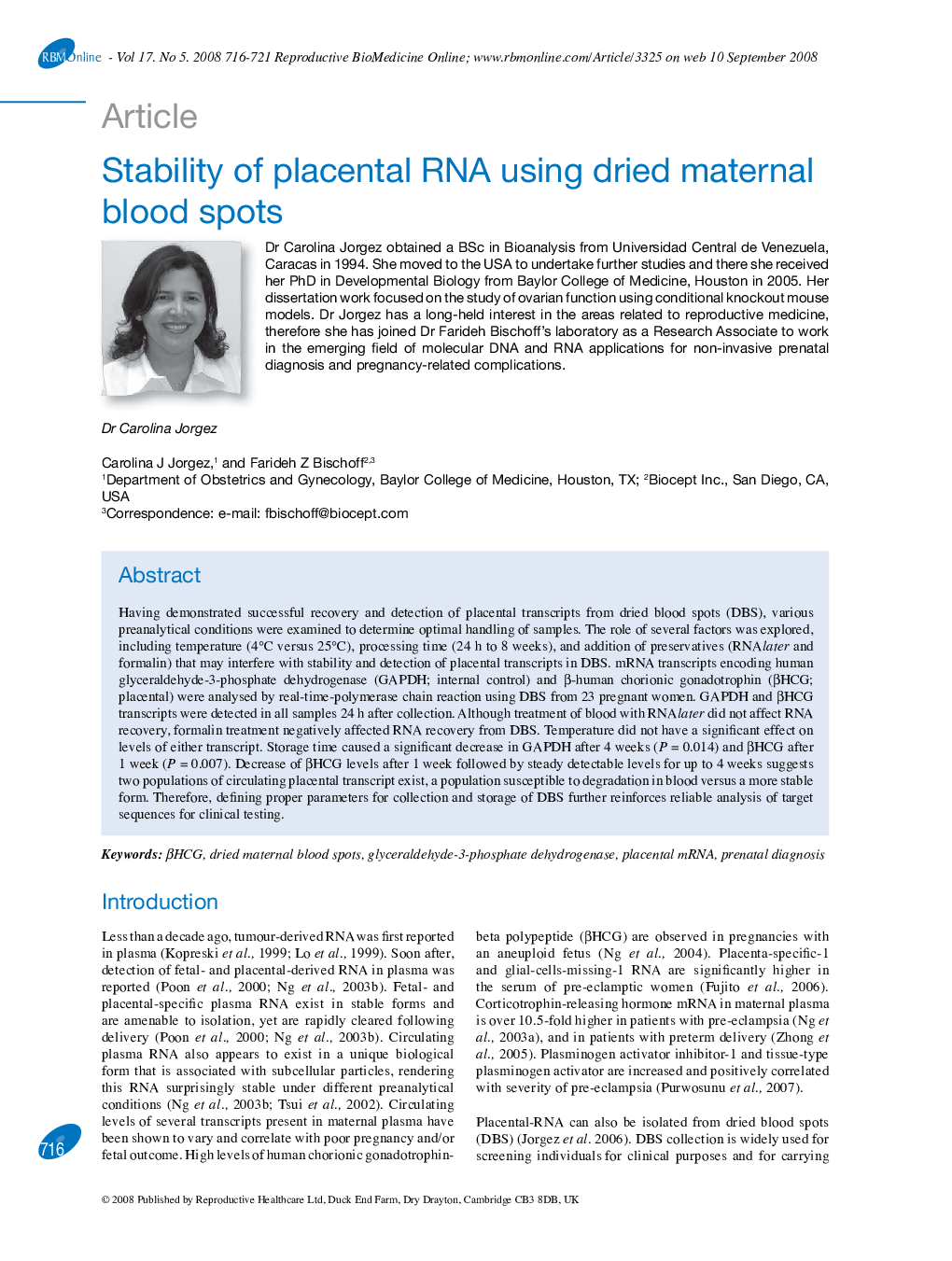 Stability of placental RNA using dried maternal blood spots 