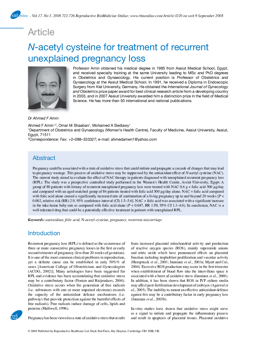 N-acetyl cysteine for treatment of recurrent unexplained pregnancy loss 