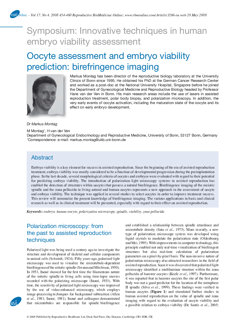 Oocyte assessment and embryo viability prediction: birefringence imaging 