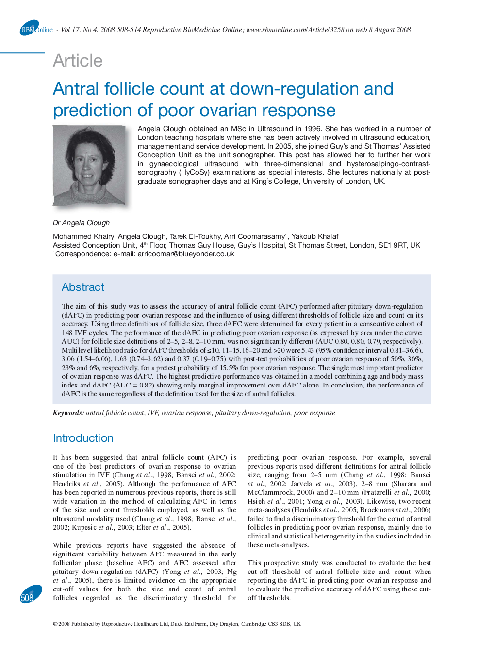 Antral follicle count at down-regulation and prediction of poor ovarian response 