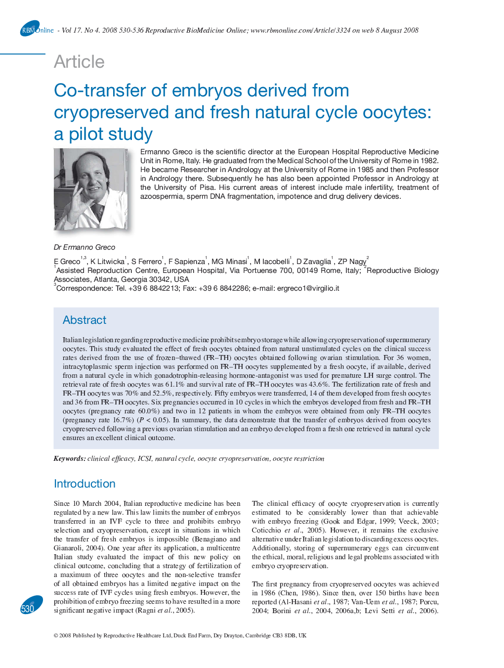 Co-transfer of embryos derived from cryopreserved and fresh natural cycle oocytes: a pilot study 