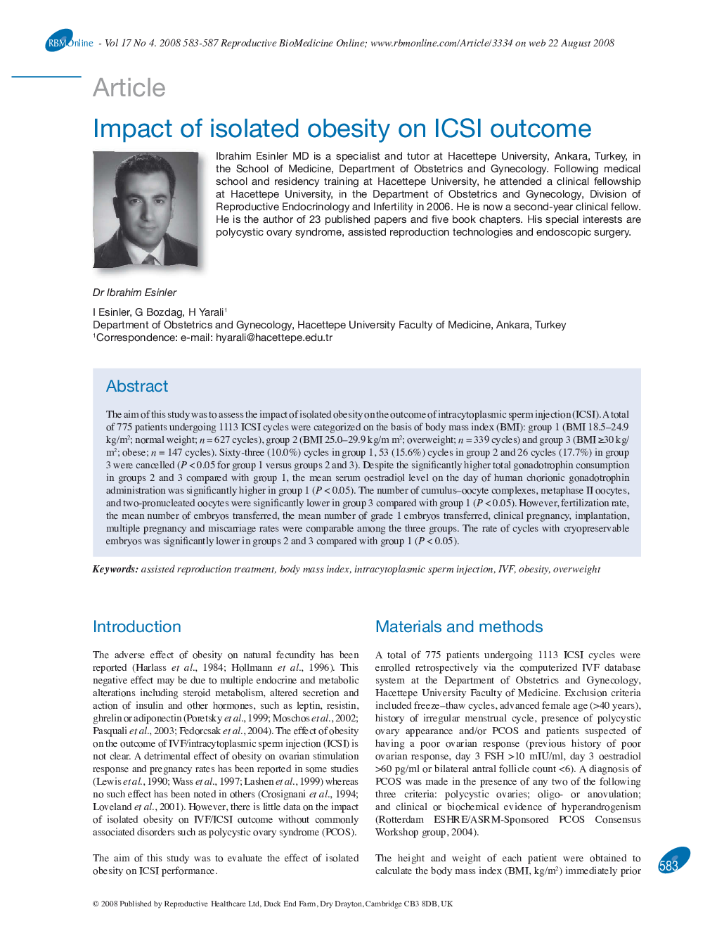 Impact of isolated obesity on ICSI outcome 