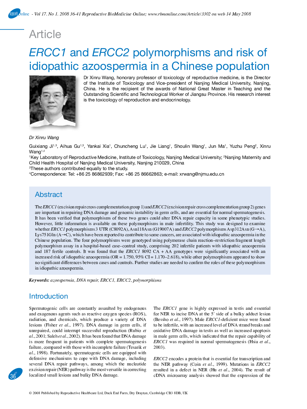 ERCC1 and ERCC2 polymorphisms and risk of idiopathic azoospermia in a Chinese population 