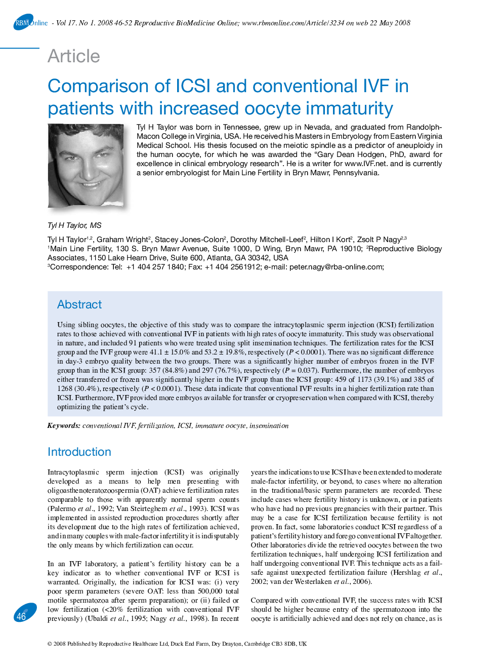 Comparison of ICSI and conventional IVF in patients with increased oocyte immaturity 