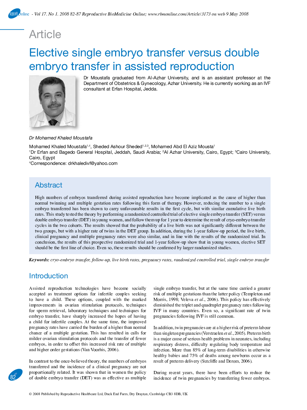 Elective single embryo transfer versus double embryo transfer in assisted reproduction 