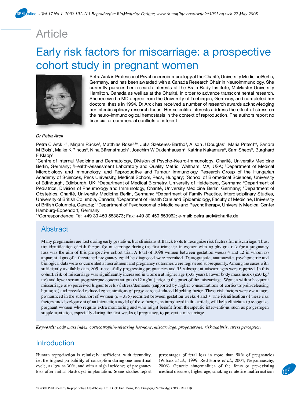 Early risk factors for miscarriage: a prospective cohort study in pregnant women 