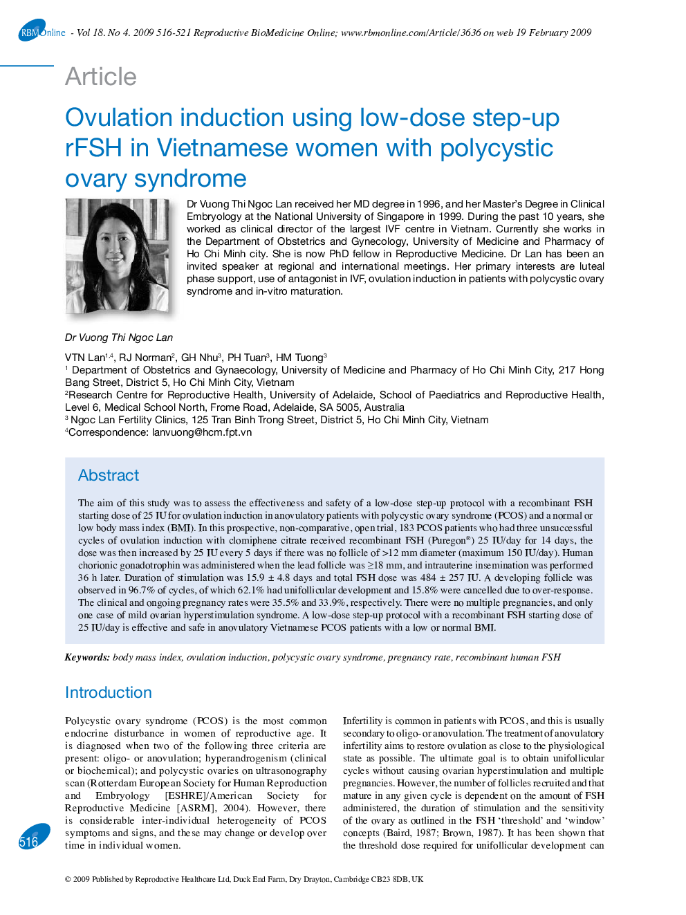 Ovulation induction using low-dose step-up rFSH in Vietnamese women with polycystic ovary syndrome 