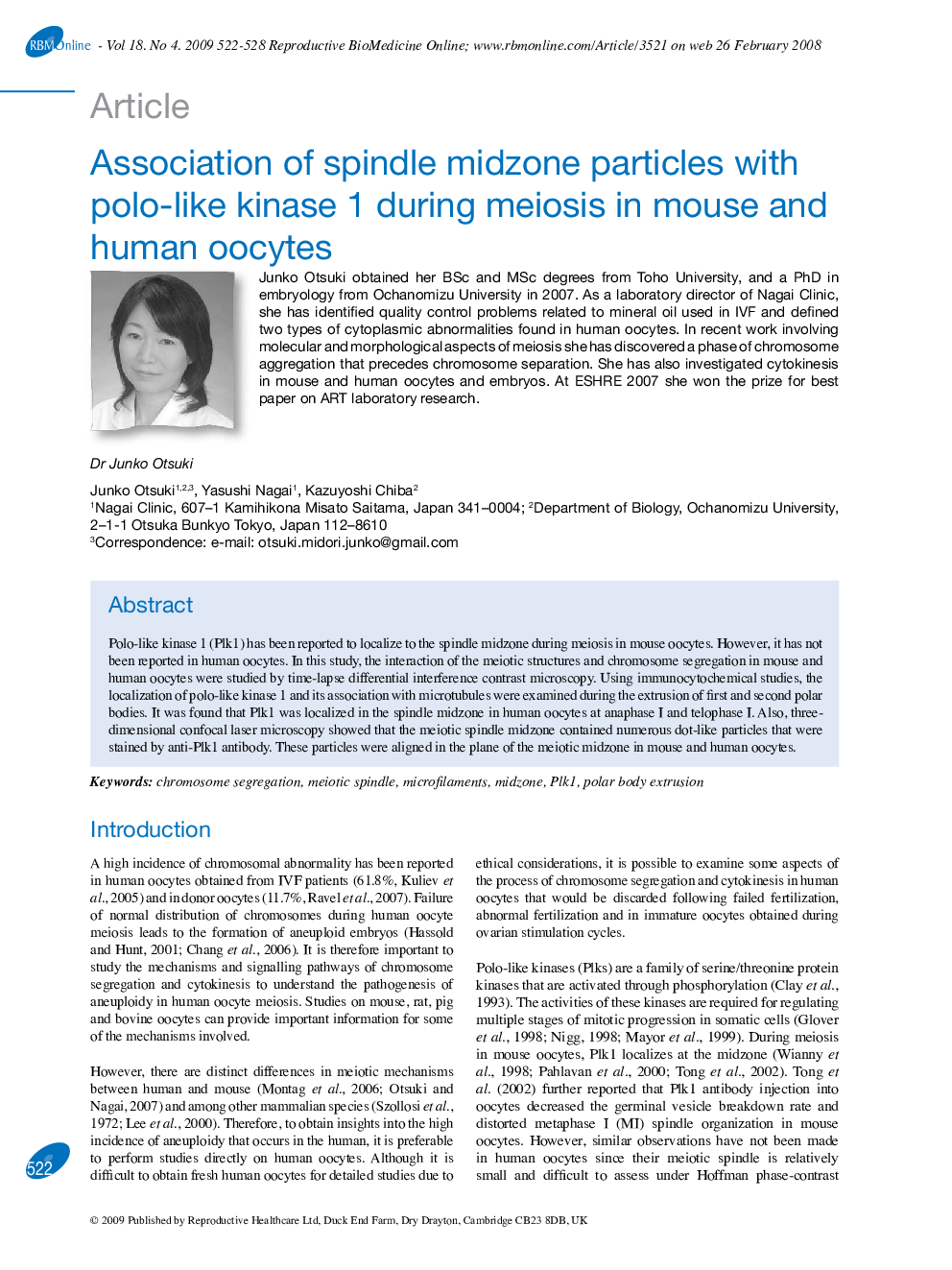 Association of spindle midzone particles with polo-like kinase 1 during meiosis in mouse and human oocytes 
