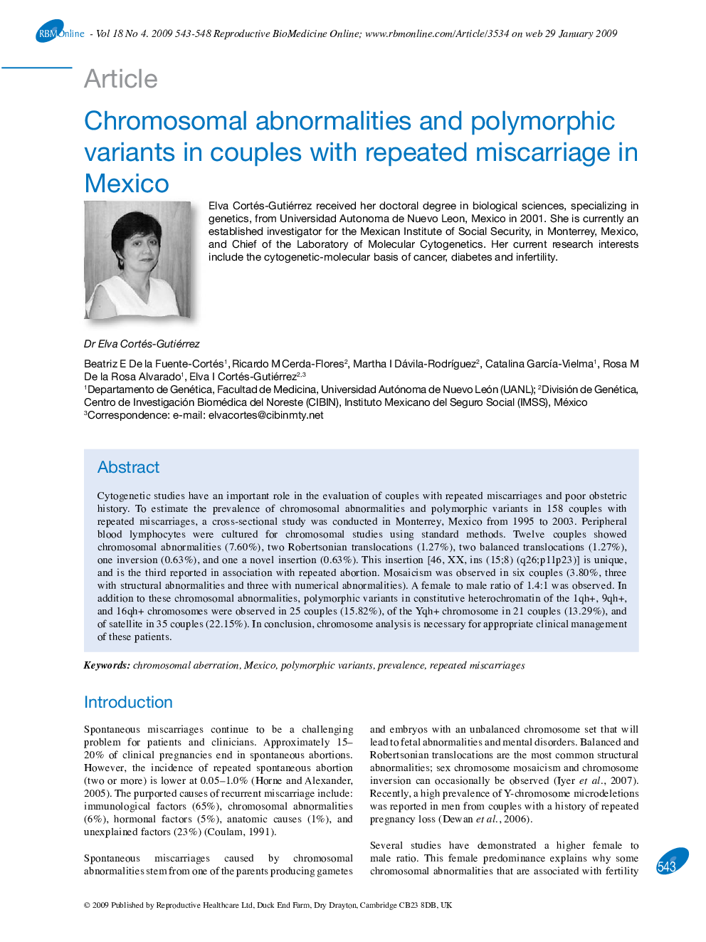 Chromosomal abnormalities and polymorphic variants in couples with repeated miscarriage in Mexico 