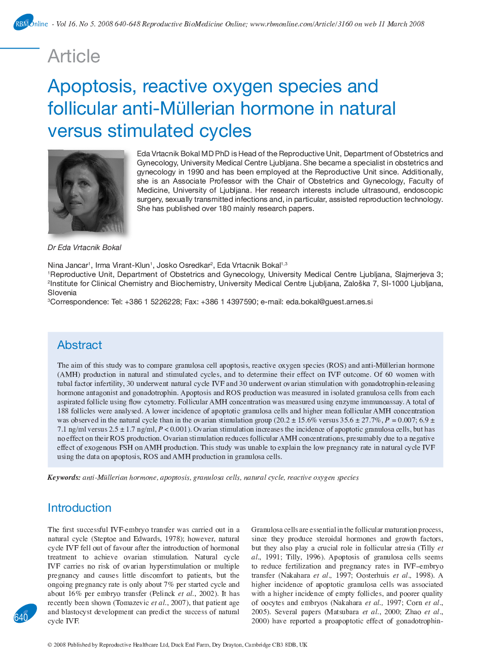 Apoptosis, reactive oxygen species and follicular anti-Müllerian hormone in natural versus stimulated cycles 