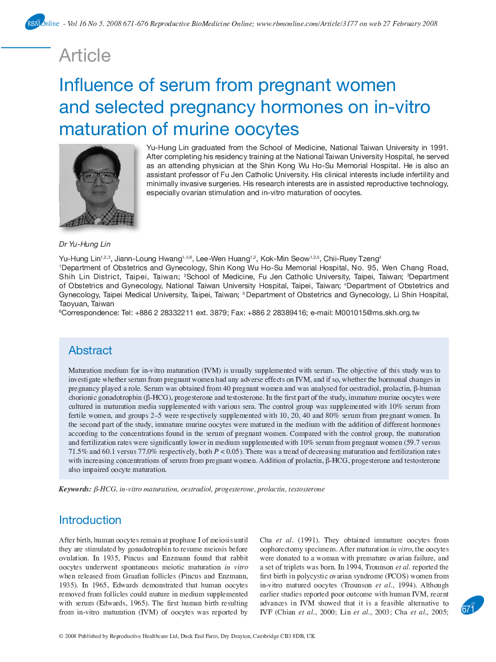 Influence of serum from pregnant women and selected pregnancy hormones on in-vitro maturation of murine oocytes 