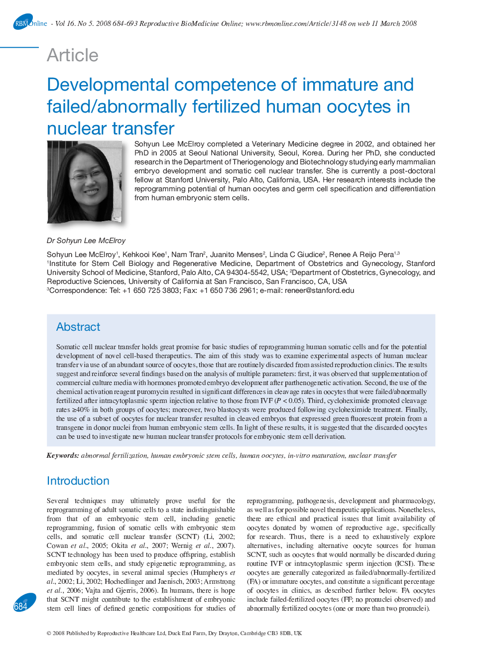 Developmental competence of immature and failed/abnormally fertilized human oocytes in nuclear transfer 