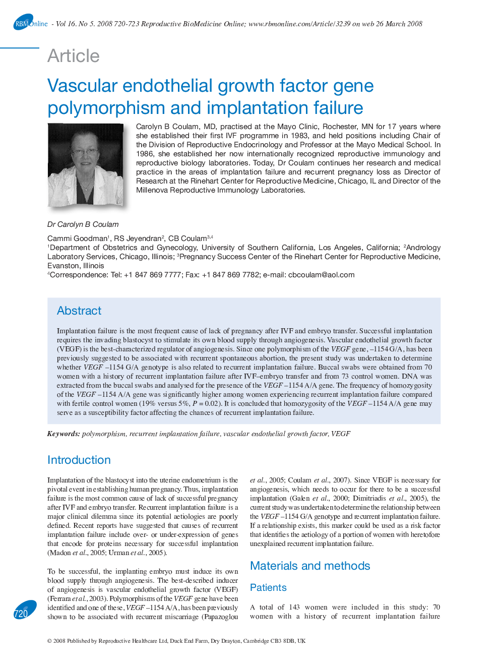 Vascular endothelial growth factor gene polymorphism and implantation failure 