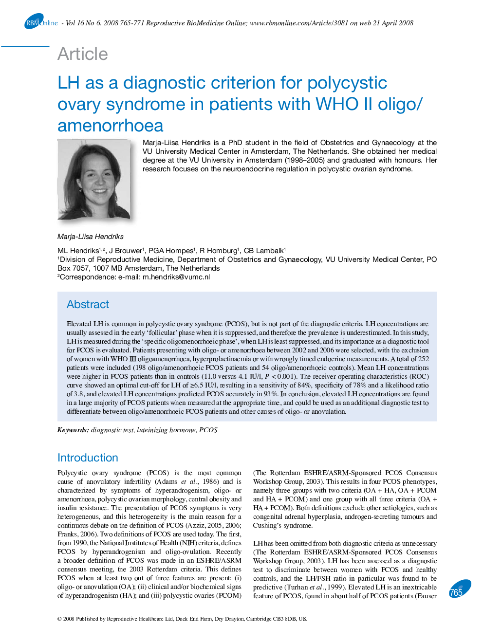 LH as a diagnostic criterion for polycystic ovary syndrome in patients with WHO II oligo/amenorrhoea 