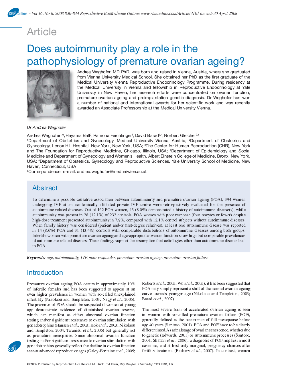 Does autoimmunity play a role in the pathophysiology of premature ovarian ageing? 