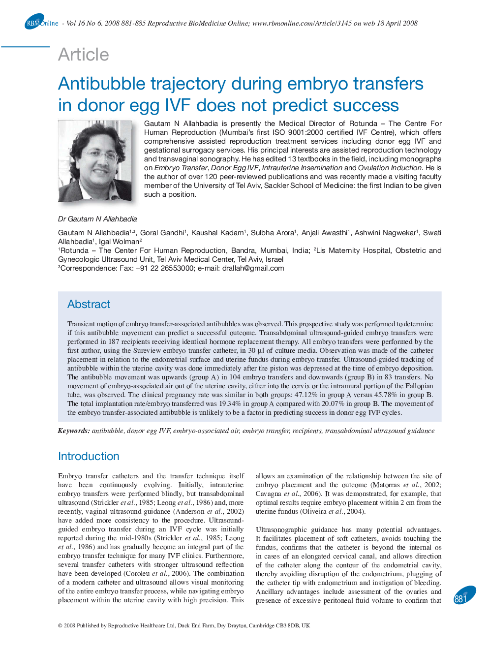 Antibubble trajectory during embryo transfers in donor egg IVF does not predict success 