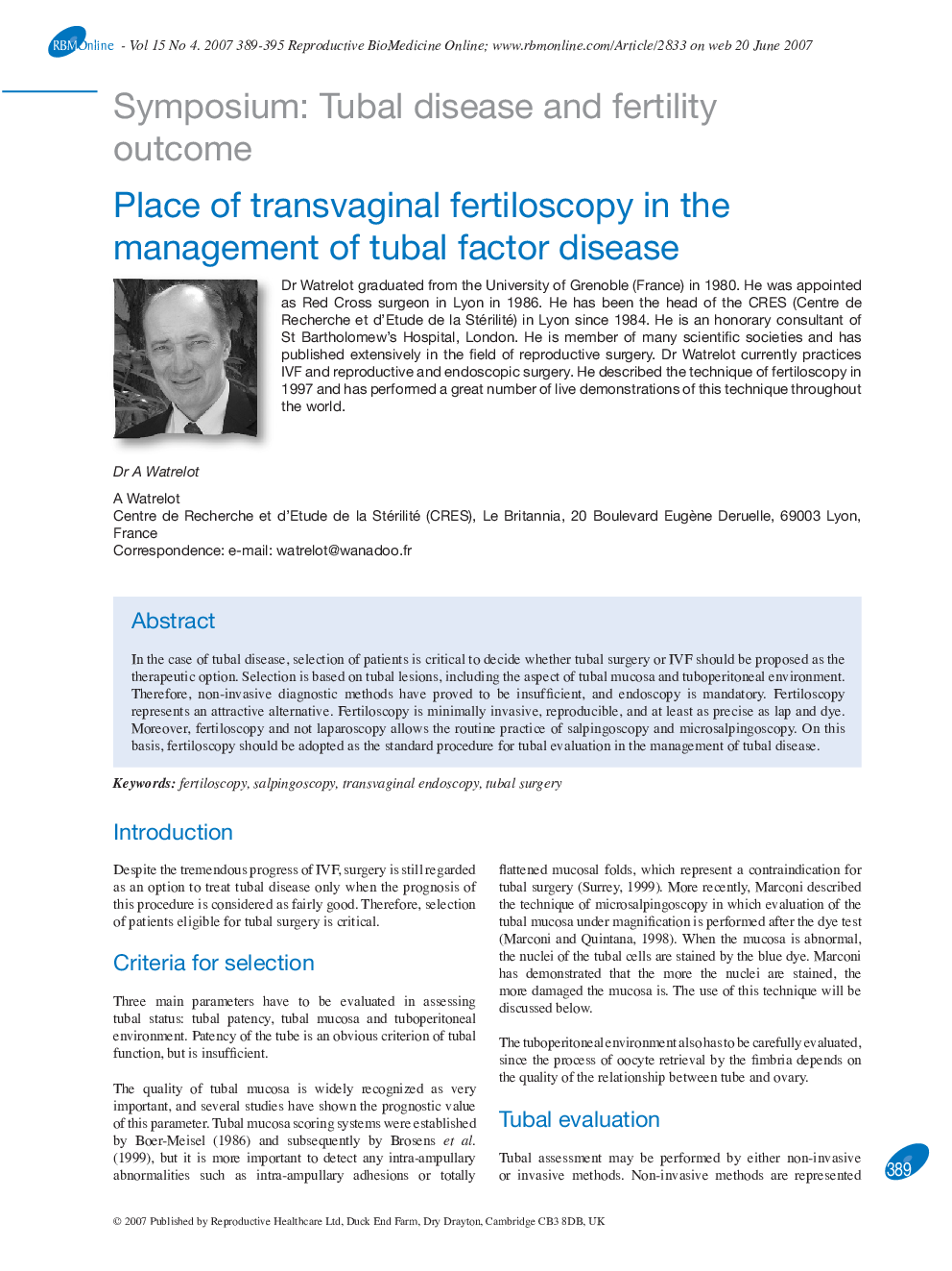 Place of transvaginal fertiloscopy in the management of tubal factor disease