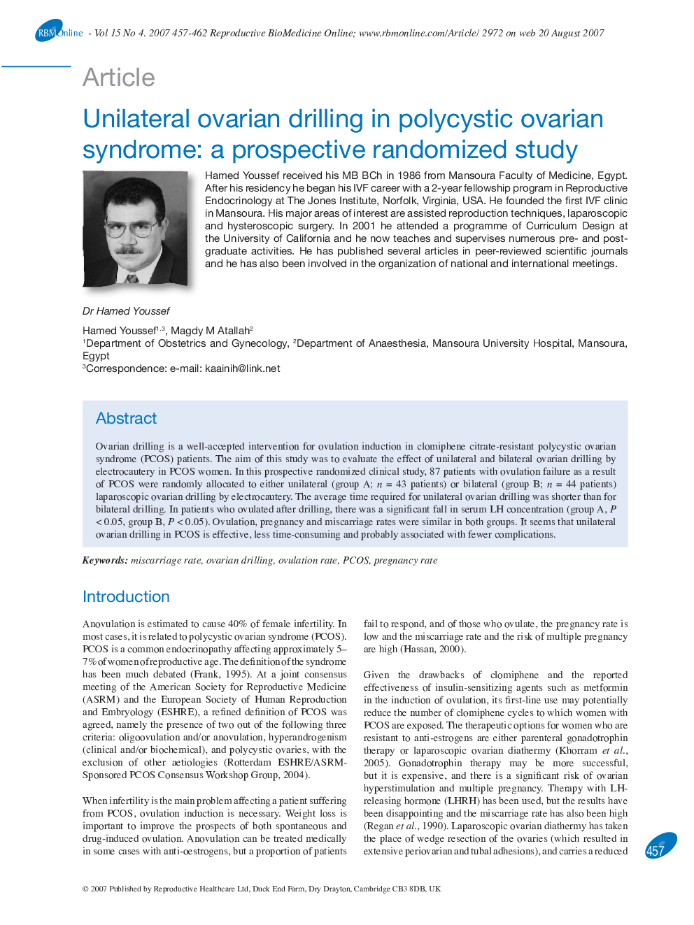 Unilateral ovarian drilling in polycystic ovarian syndrome: a prospective randomized study