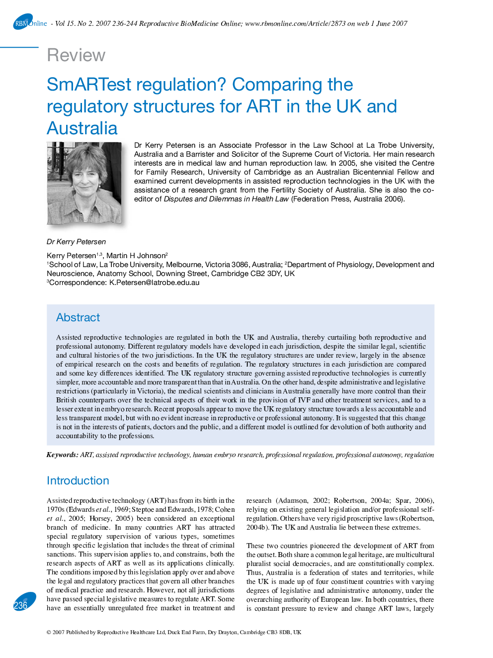 SmARTest regulation? Comparing the regulatory structures for ART in the UK and Australia