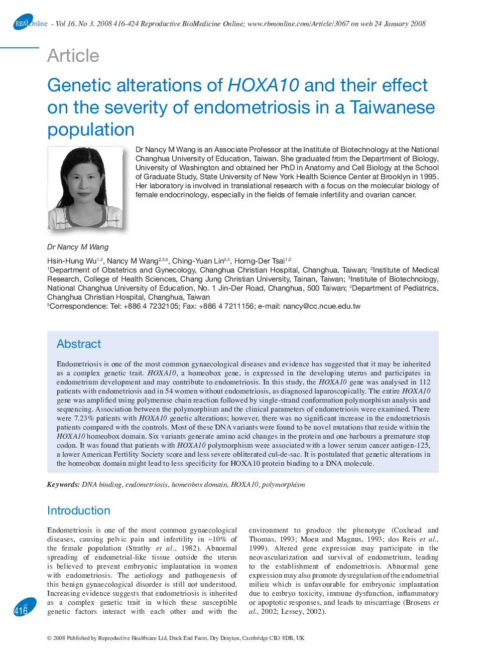 Genetic alterations of HOXA10 and their effect on the severity of endometriosis in a Taiwanese population 