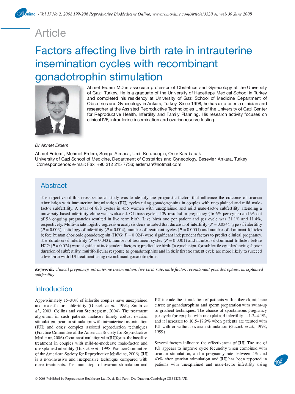 Factors affecting live birth rate in intrauterine insemination cycles with recombinant gonadotrophin stimulation 