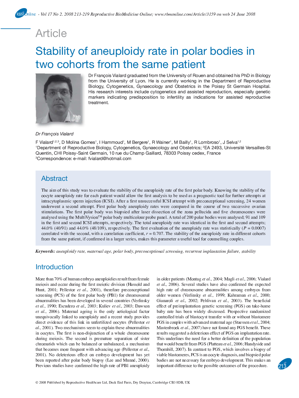 Stability of aneuploidy rate in polar bodies in two cohorts from the same patient 