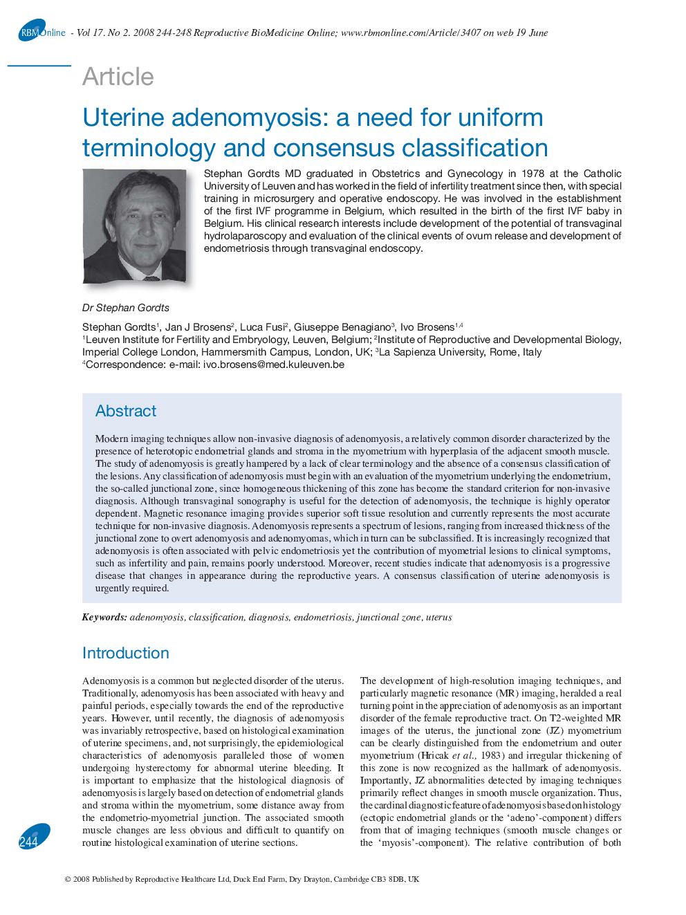 Uterine adenomyosis: a need for uniform terminology and consensus classification 