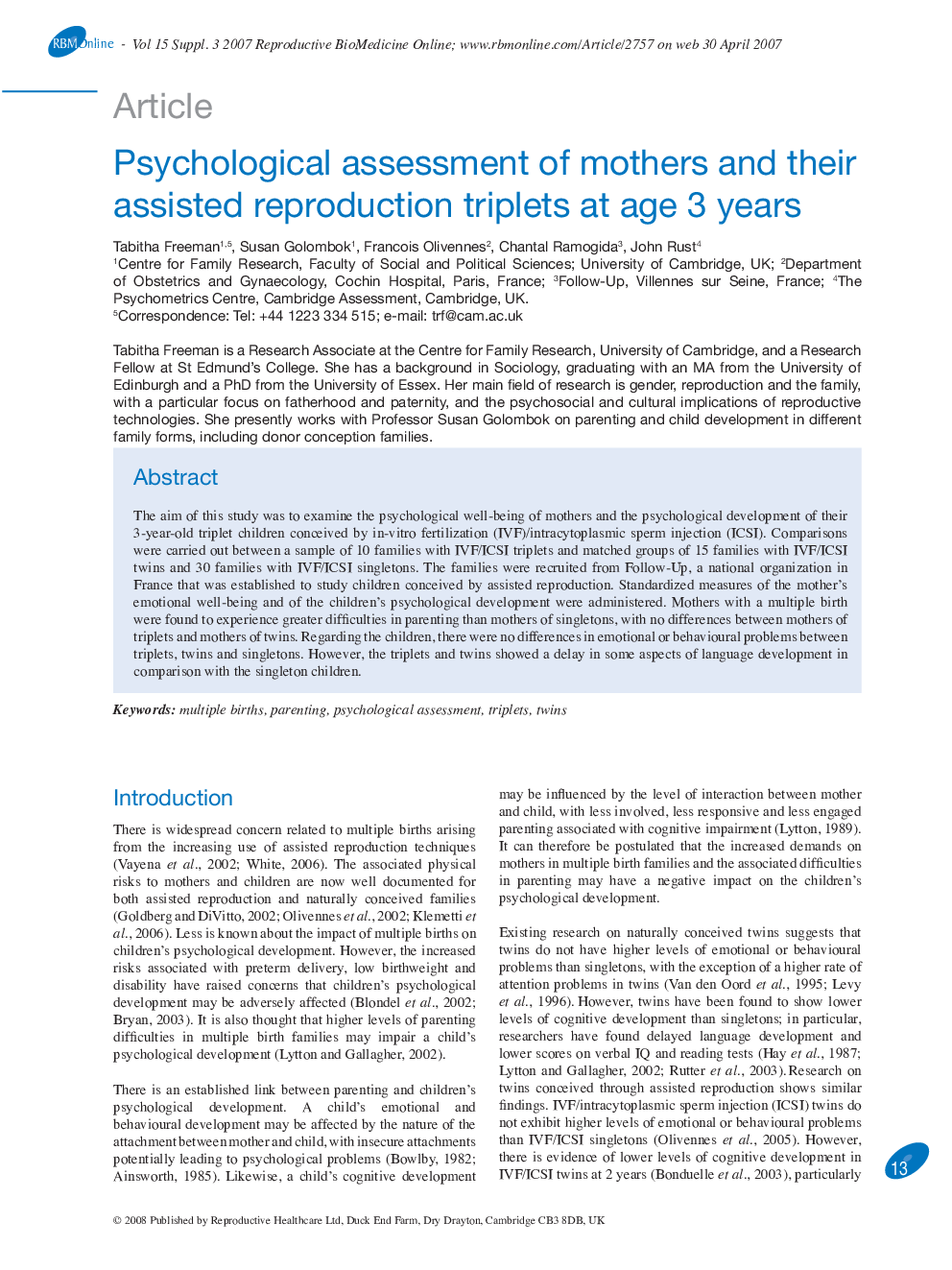 Psychological assessment of mothers and their assisted reproduction triplets at age 3 years