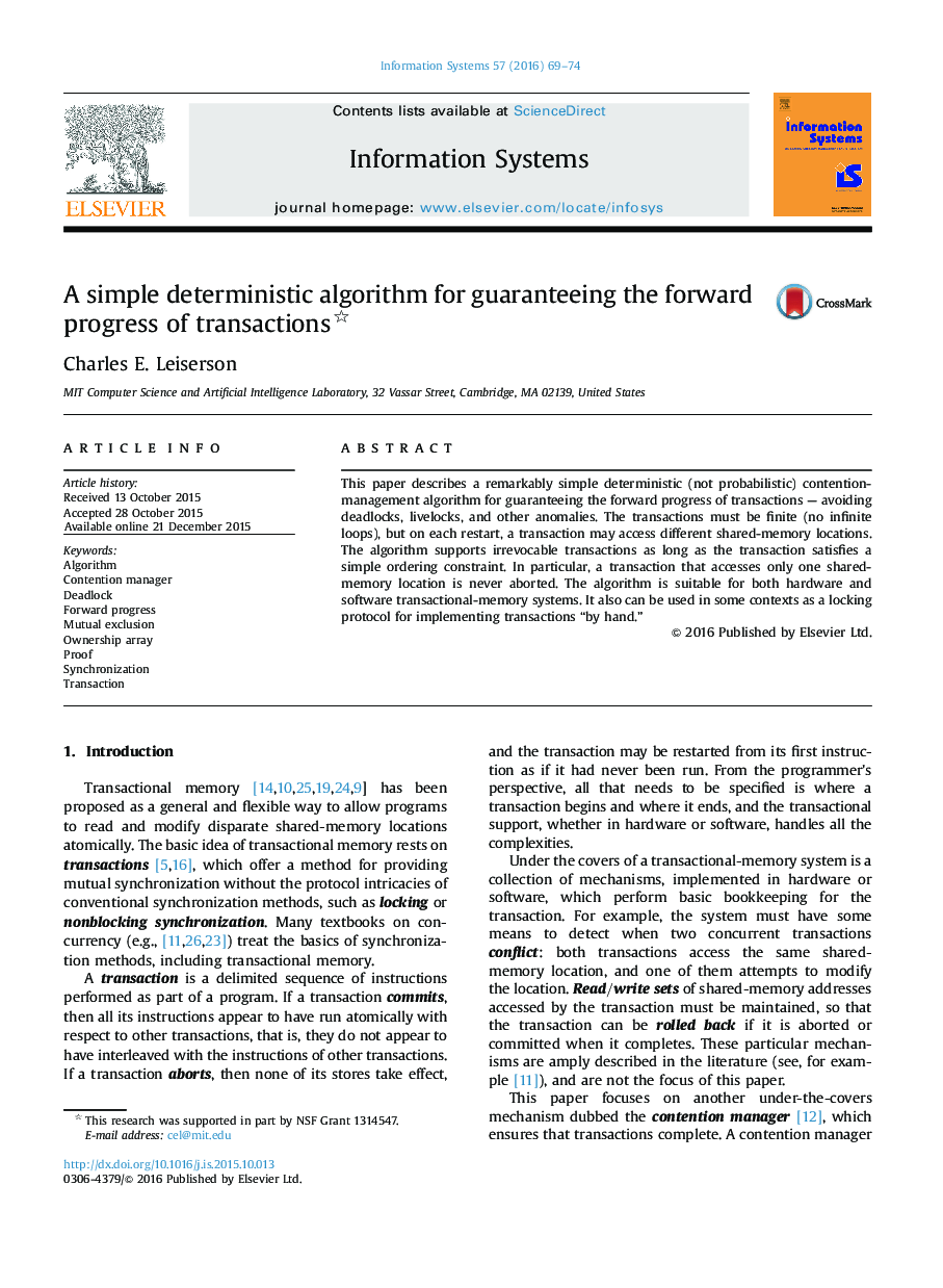 A simple deterministic algorithm for guaranteeing the forward progress of transactions 