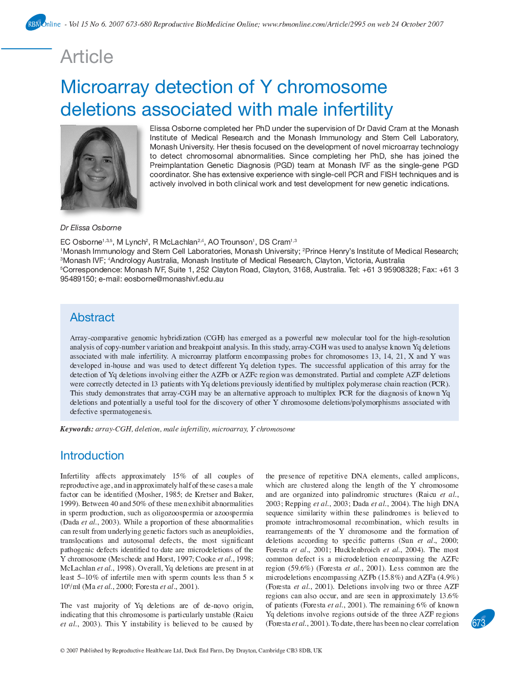 Microarray detection of Y chromosome deletions associated with male infertility