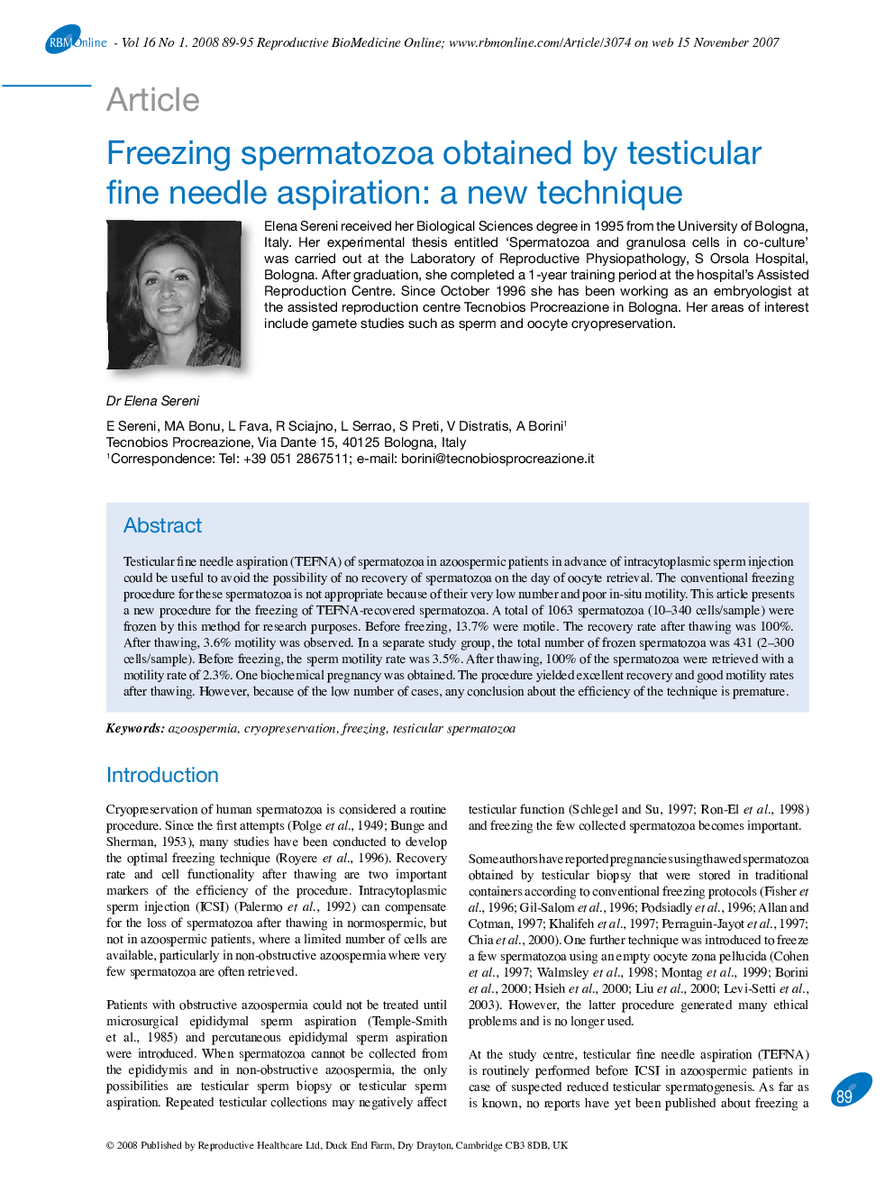 Freezing spermatozoa obtained by testicular fine needle aspiration: a new technique 