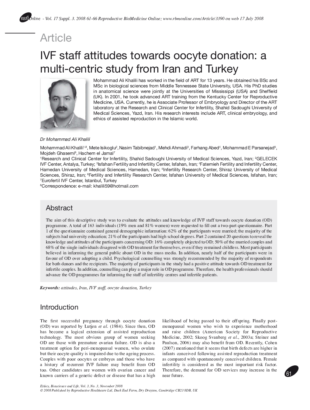 IVF staff attitudes towards oocyte donation: a multi-centric study from Iran and Turkey 