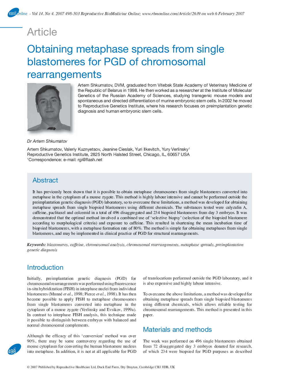 Obtaining metaphase spreads from single blastomeres for PGD of chromosomal rearrangements