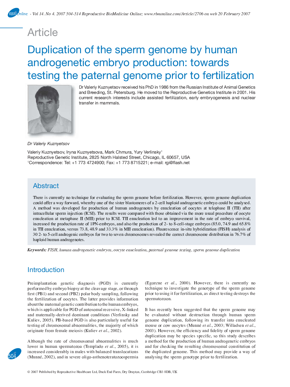 Duplication of the sperm genome by human androgenetic embryo production: towards testing the paternal genome prior to fertilization