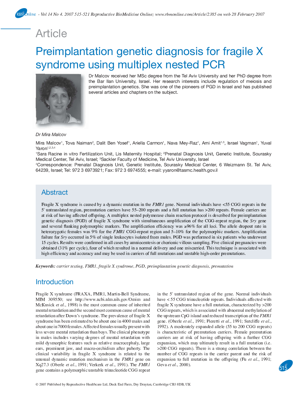 Preimplantation genetic diagnosis for fragile X syndrome using multiplex nested PCR