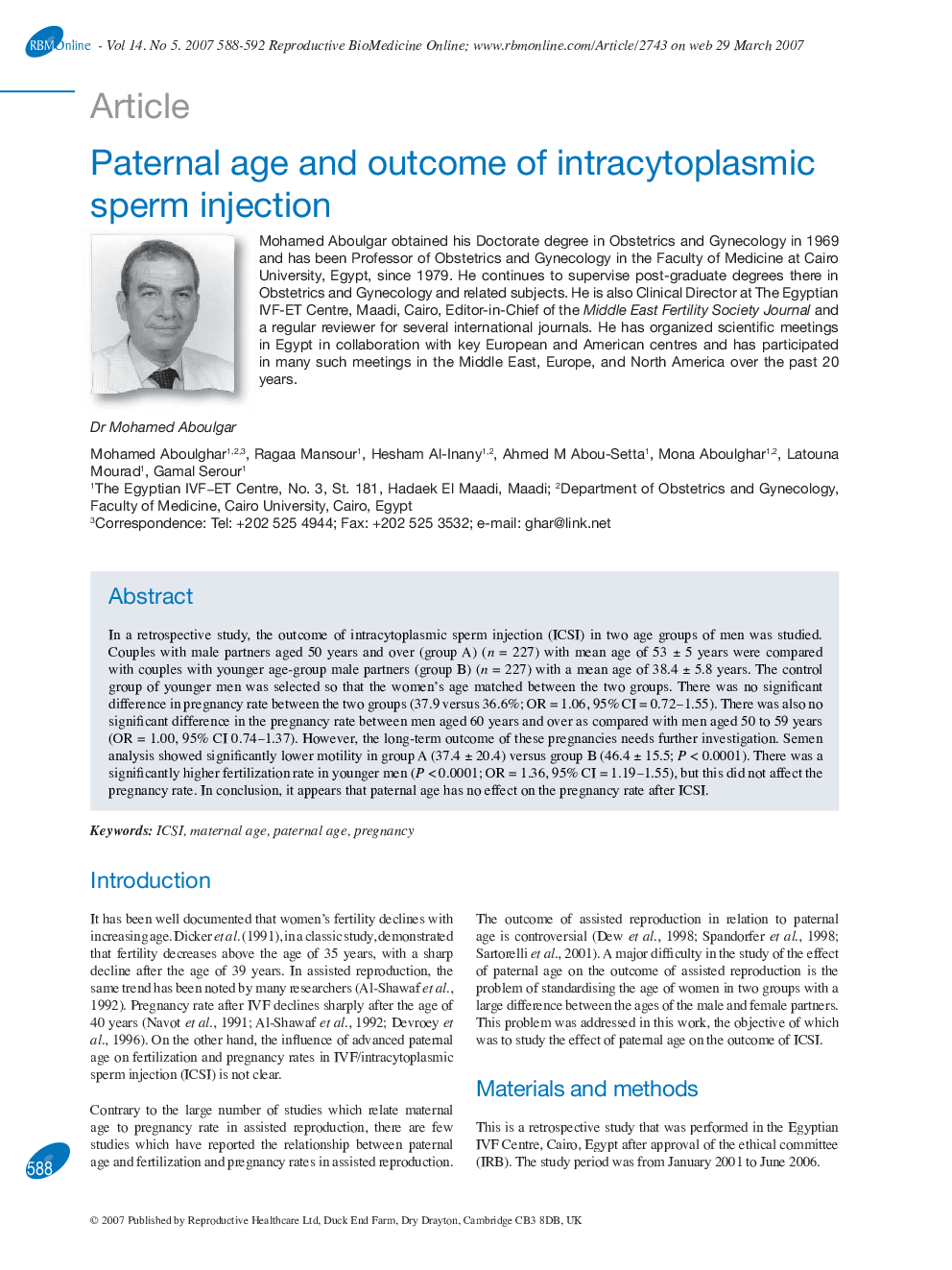 Paternal age and outcome of intracytoplasmic sperm injection