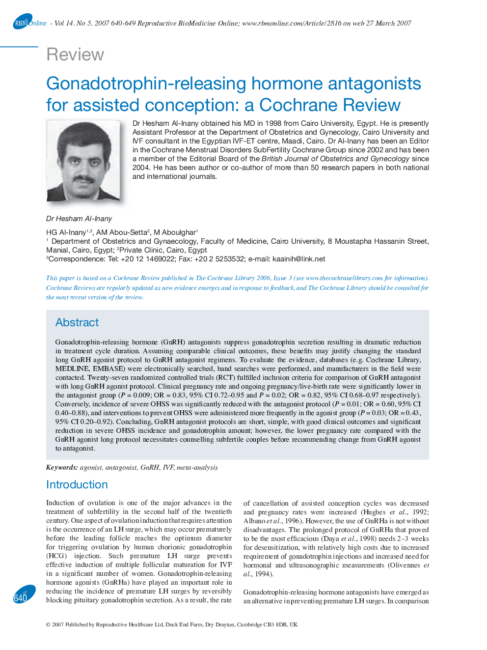 Gonadotrophin-releasing hormone antagonists for assisted conception: a Cochrane Review 