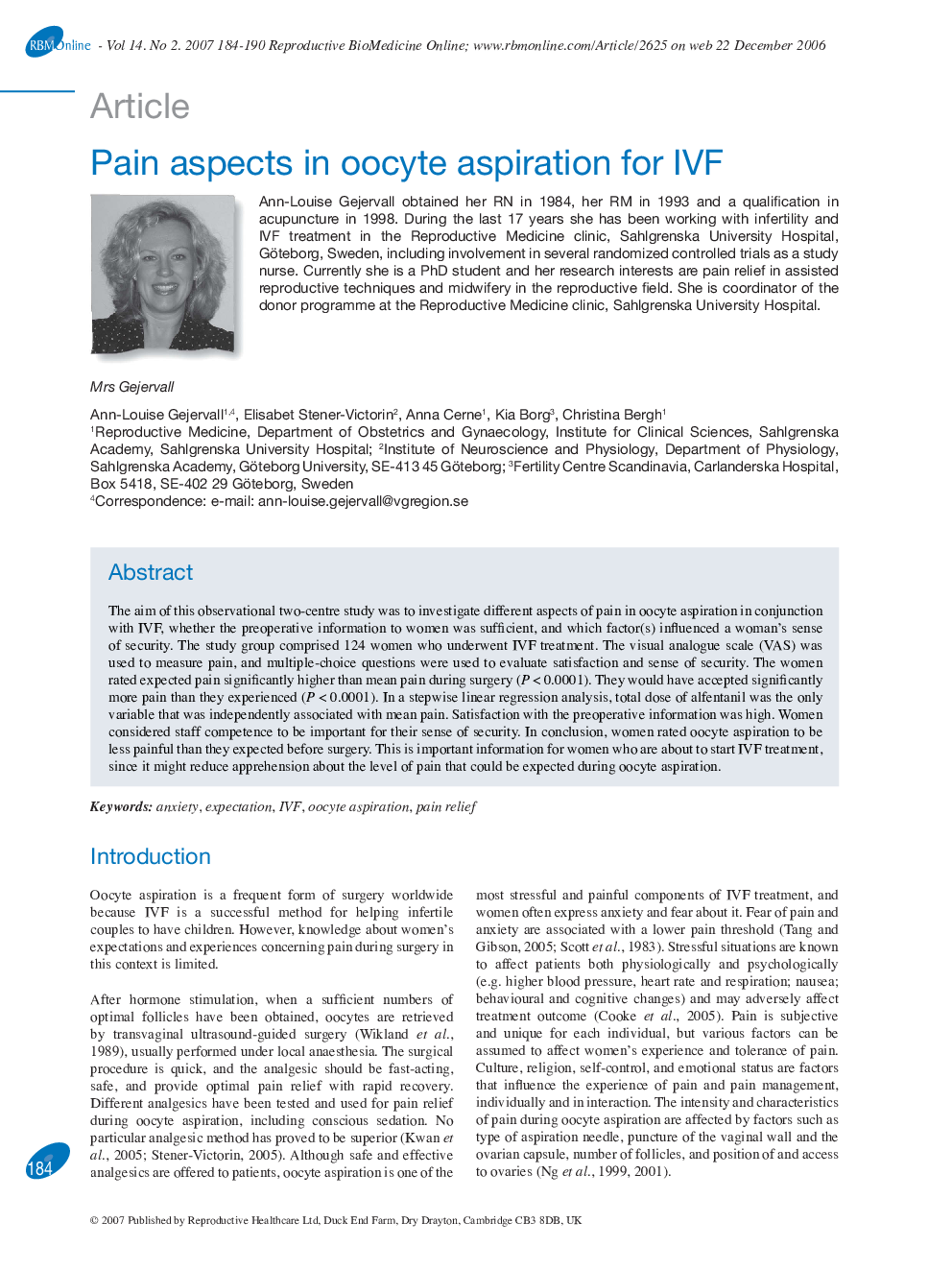 Pain aspects in oocyte aspiration for IVF