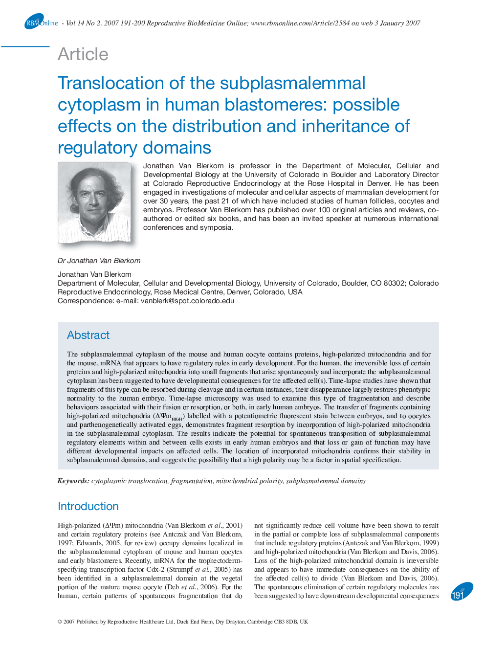 Translocation of the subplasmalemmal cytoplasm in human blastomeres: possible effects on the distribution and inheritance of regulatory domains