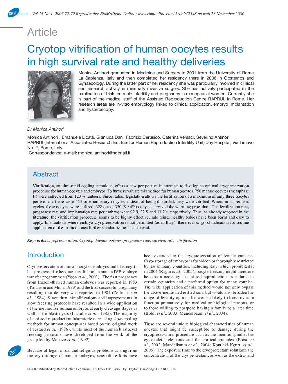 Cryotop vitrification of human oocytes results in high survival rate and healthy deliveries