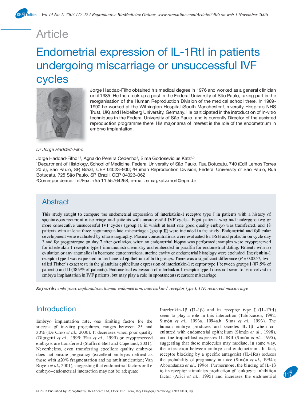 Endometrial expression of IL-1RtI in patients undergoing miscarriage or unsuccessful IVF cycles