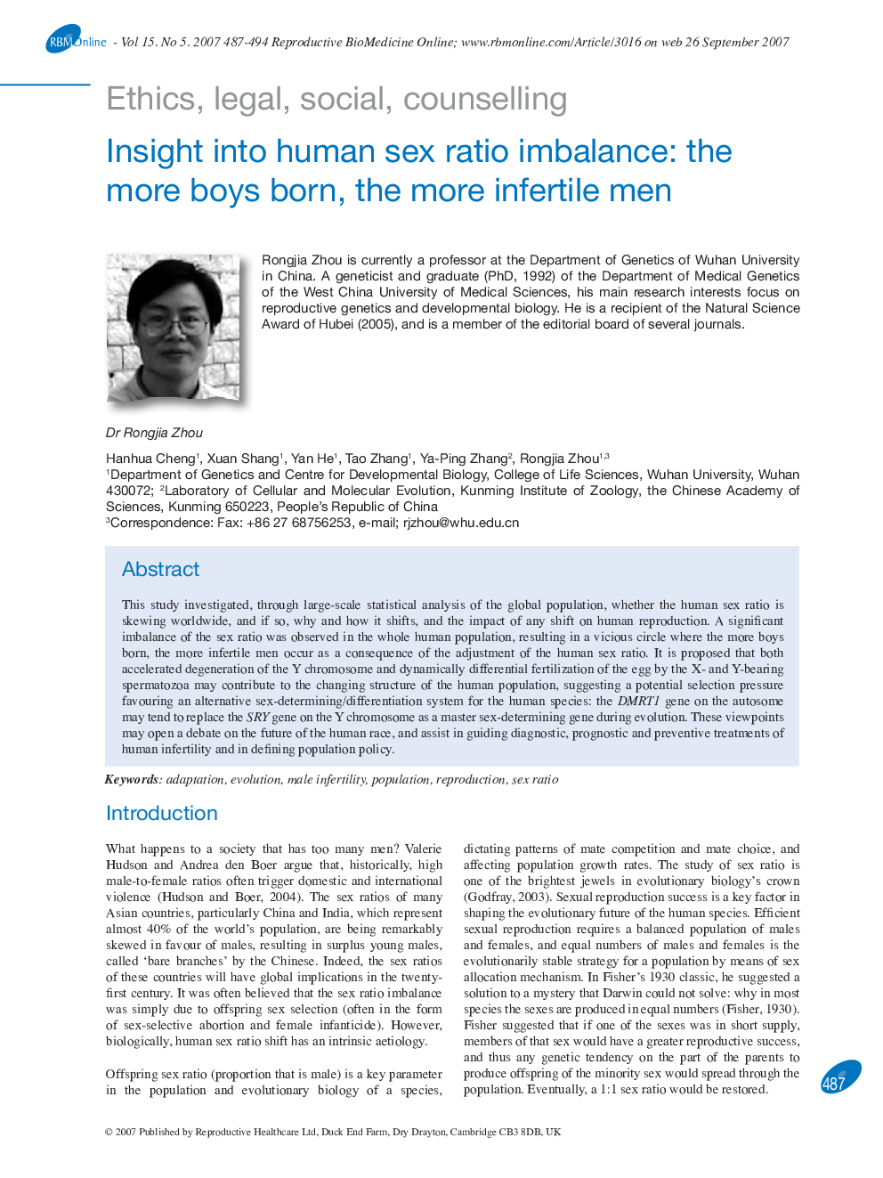 Insight into human sex ratio imbalance: the more boys born, the more infertile men