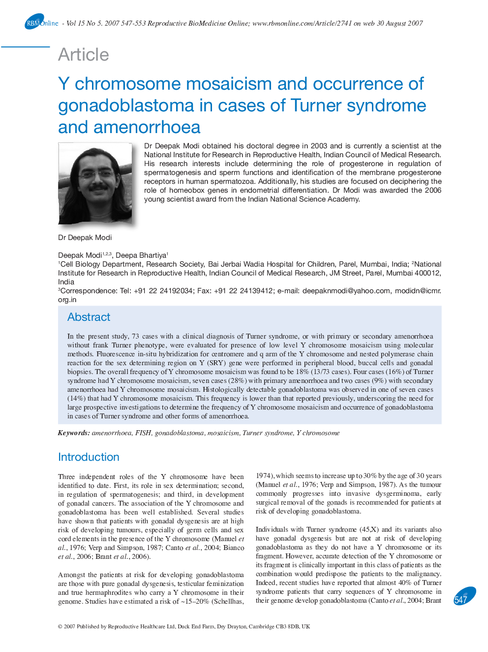 Y chromosome mosaicism and occurrence of gonadoblastoma in cases of Turner syndrome and amenorrhoea