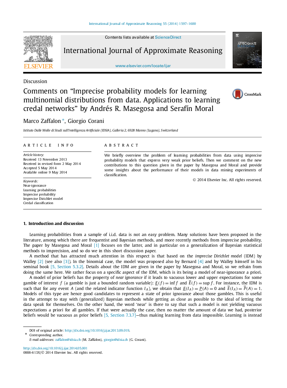 Comments on “Imprecise probability models for learning multinomial distributions from data. Applications to learning credal networks” by Andrés R. Masegosa and Serafín Moral