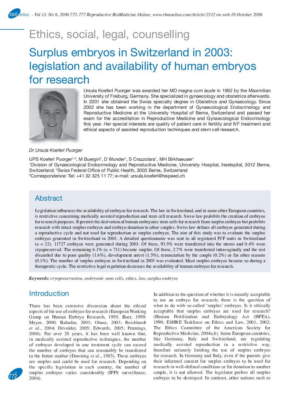 Surplus embryos in Switzerland in 2003: legislation and availability of human embryos for research