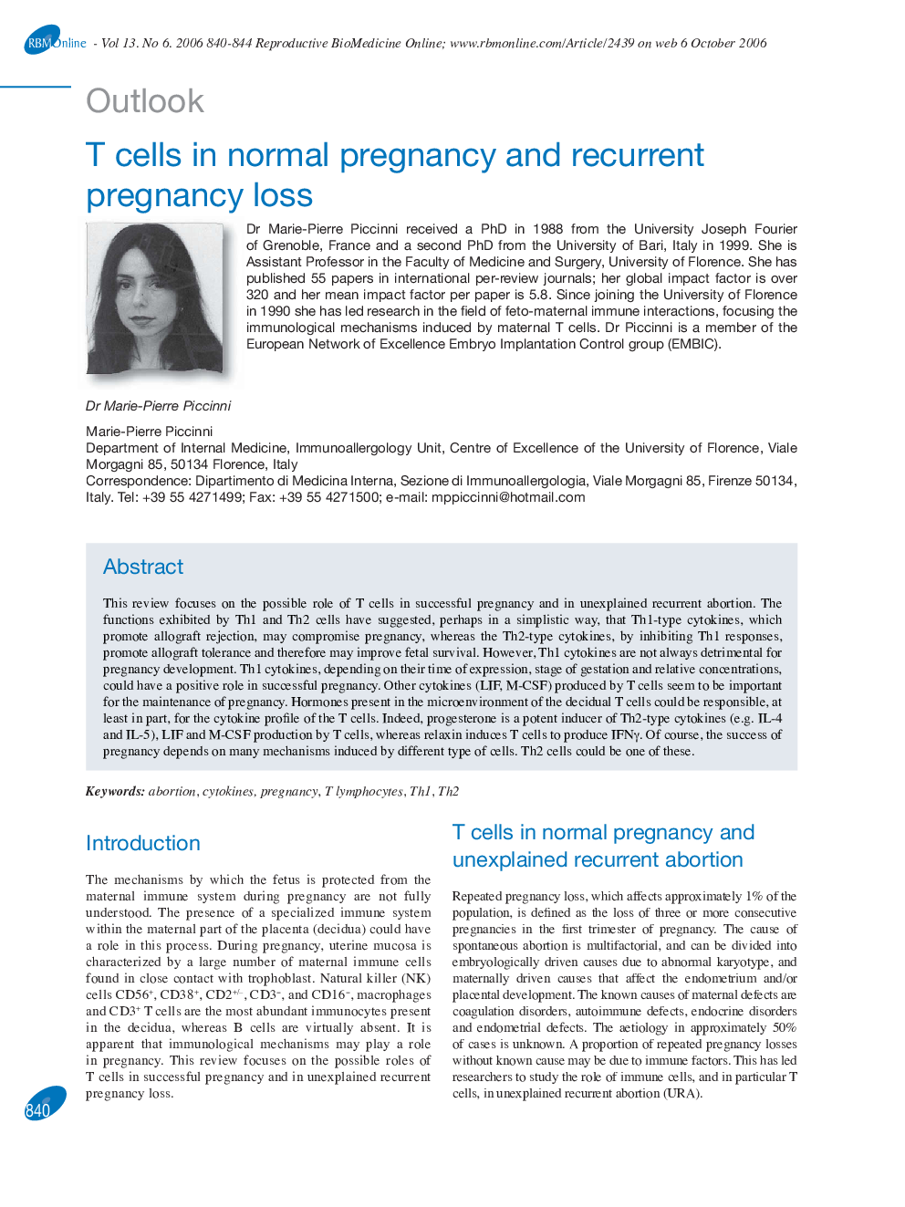 T cells in normal pregnancy and recurrent pregnancy loss 