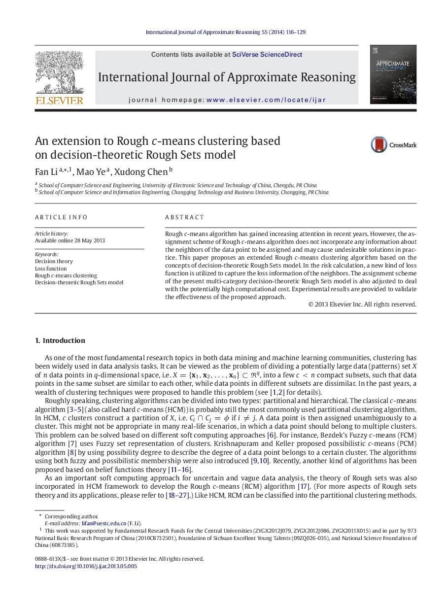 An extension to Rough c-means clustering based on decision-theoretic Rough Sets model