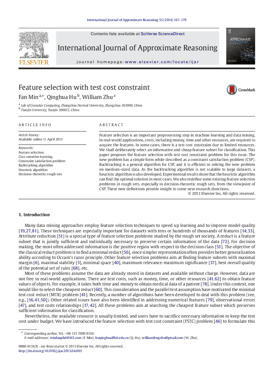 Feature selection with test cost constraint