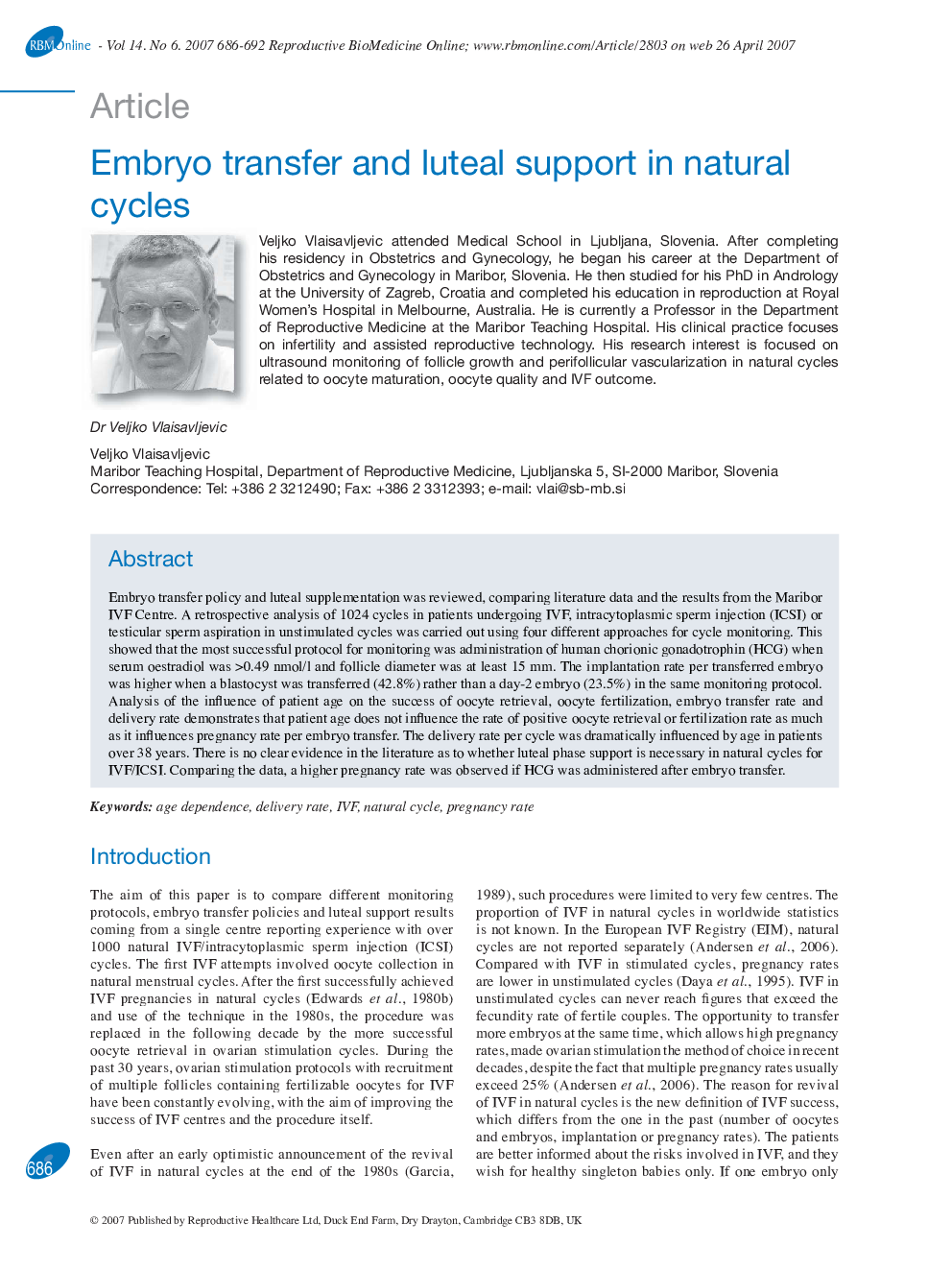 Embryo transfer and luteal support in natural cycles 