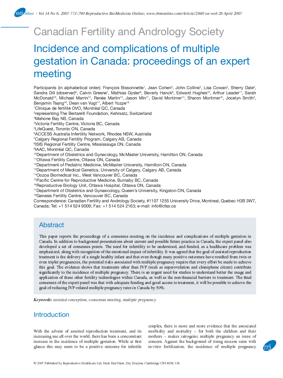 Incidence and complications of multiple gestation in Canada: proceedings of an expert meeting